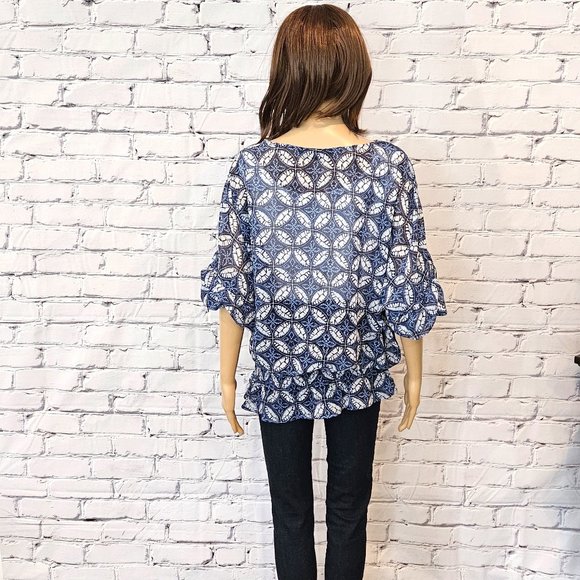 NWOT eShakti blue and white print sheer top - Picture 9 of 15